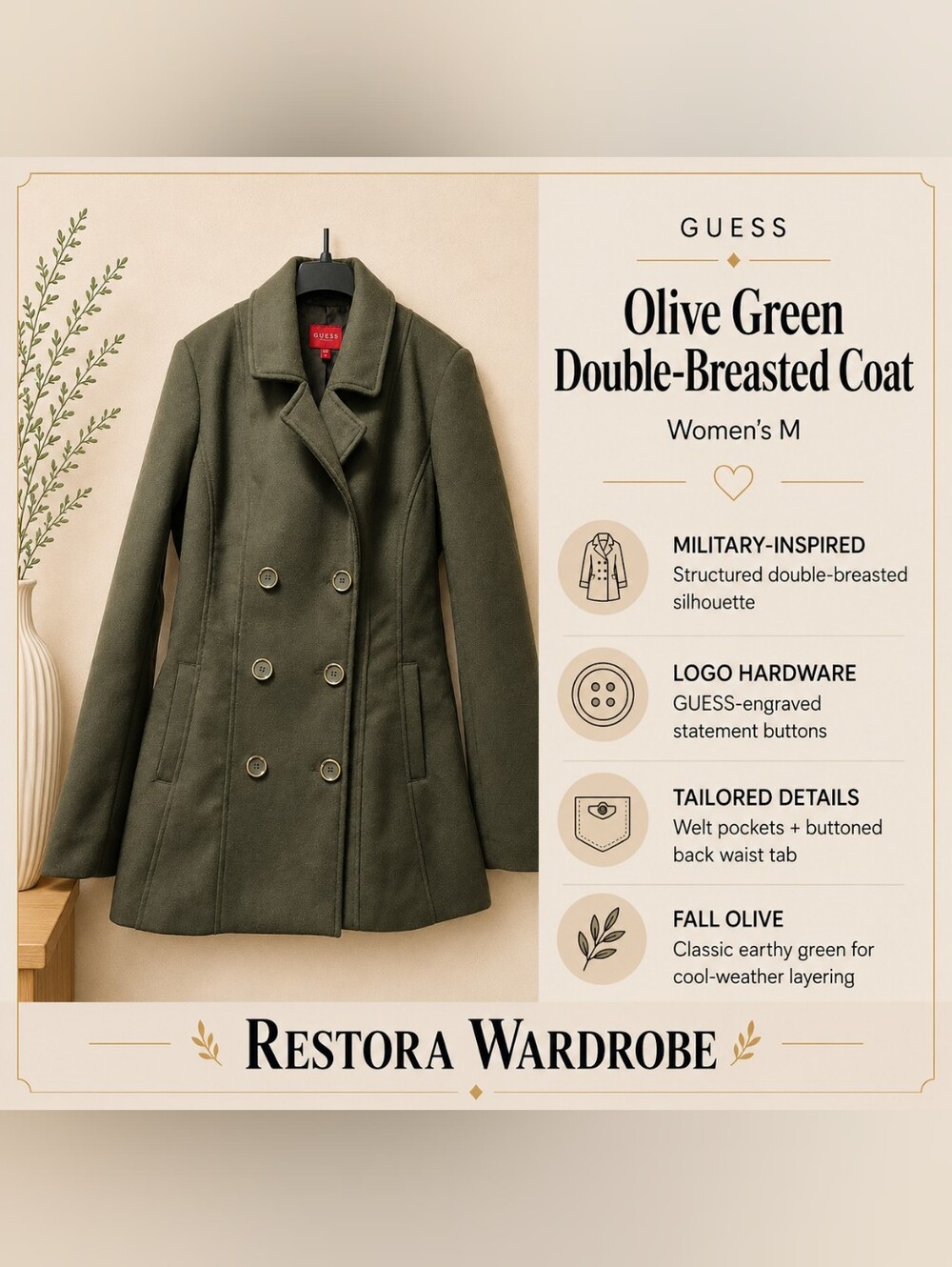 GUESS Olive Green Double Breasted Peacoat Military Coat Logo Buttons Medium